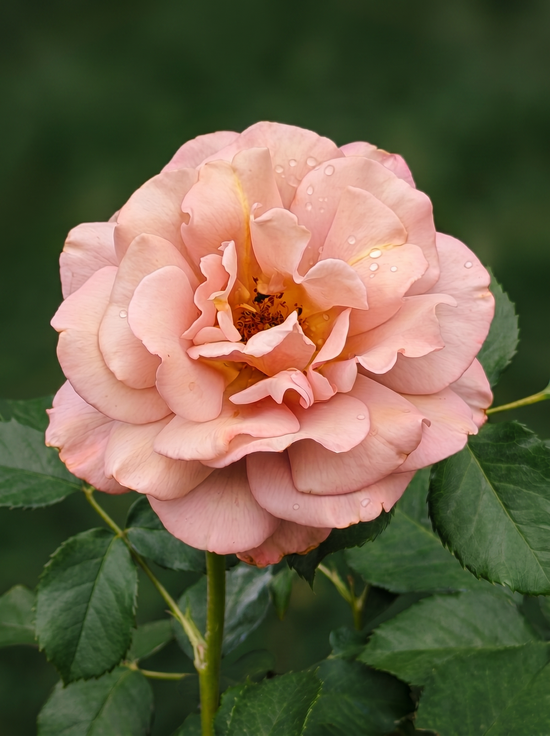 A fully open Koko Loko rose photographed at a warmer, later stage — peachy pink petals with a golden center.