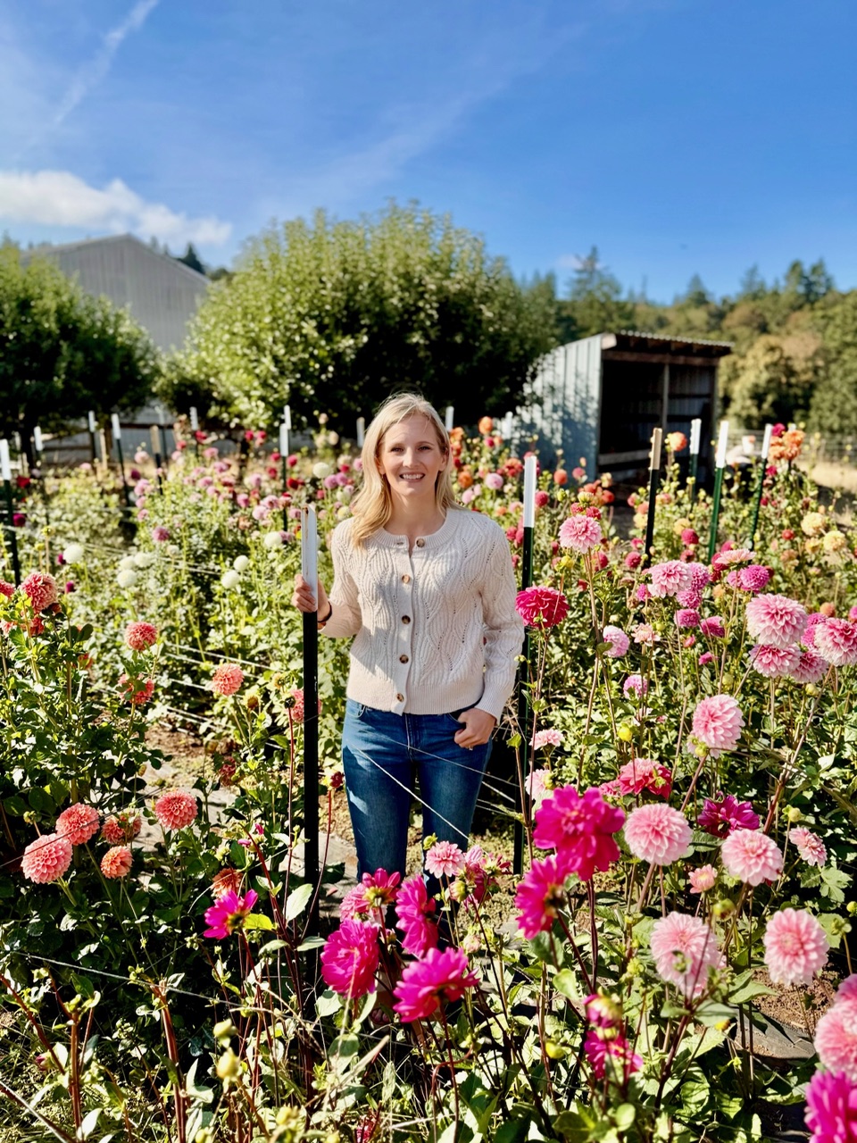 Christine Clair standing among rows of dahlias in the Willamette Valley