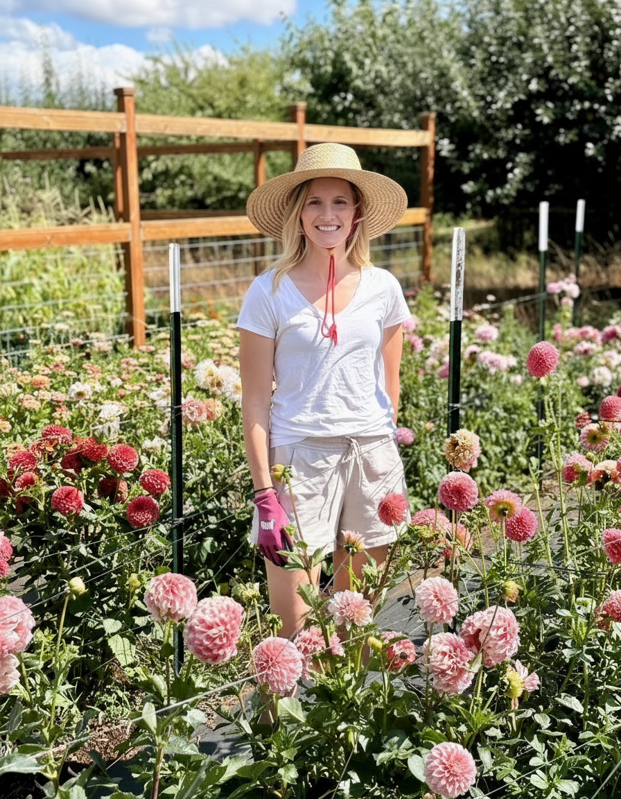 Christine Clair, founder of Cloverdale, standing among dahlias