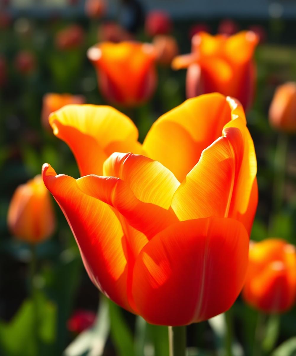 Flame-orange double tulip in golden light